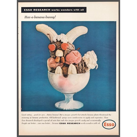 1959 Esso Oil Research Banana Split Bunny Vintage Print Ad Ice Cream Wall Art - Picture 1 of 1